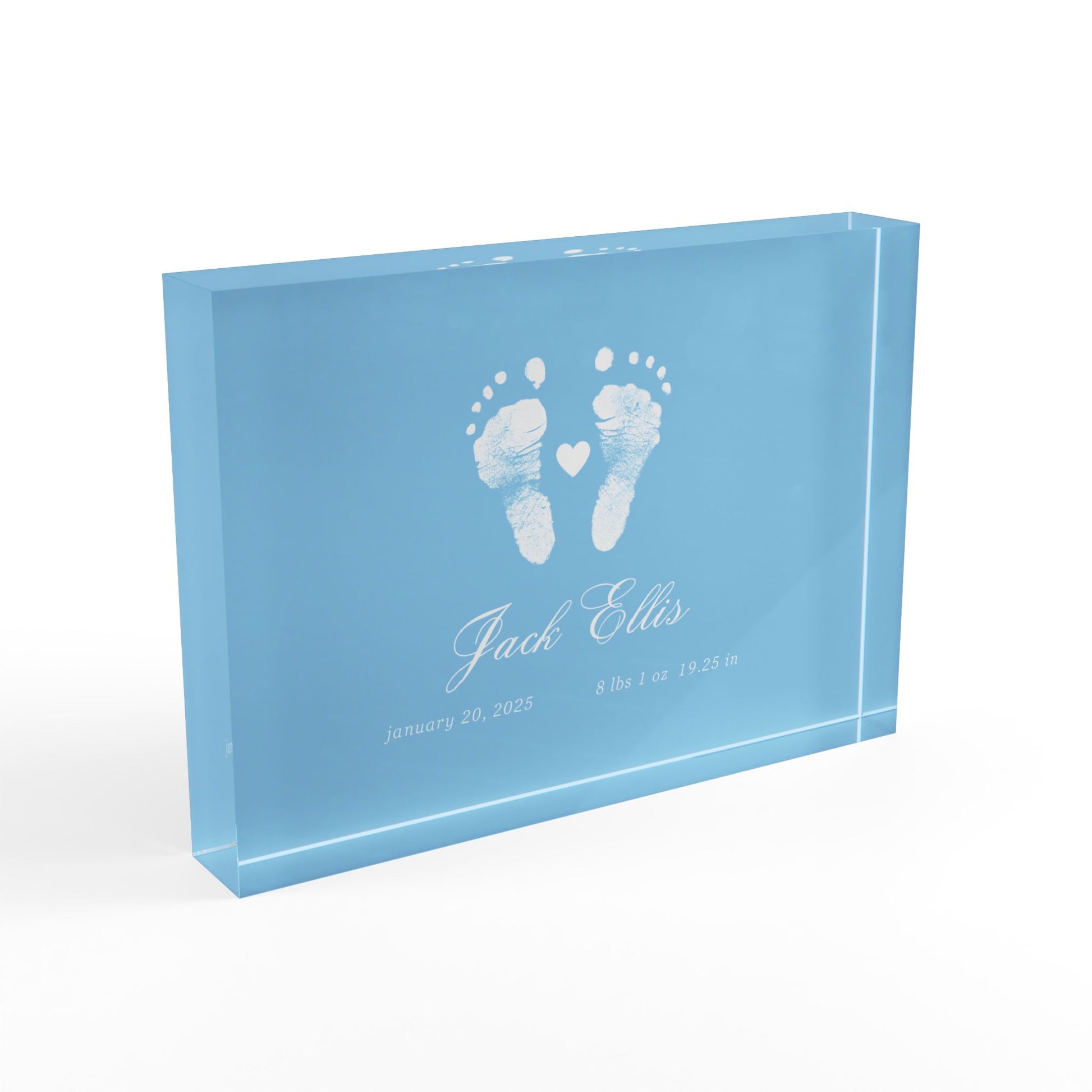 Blue acrylic block with white baby footprints and text_2