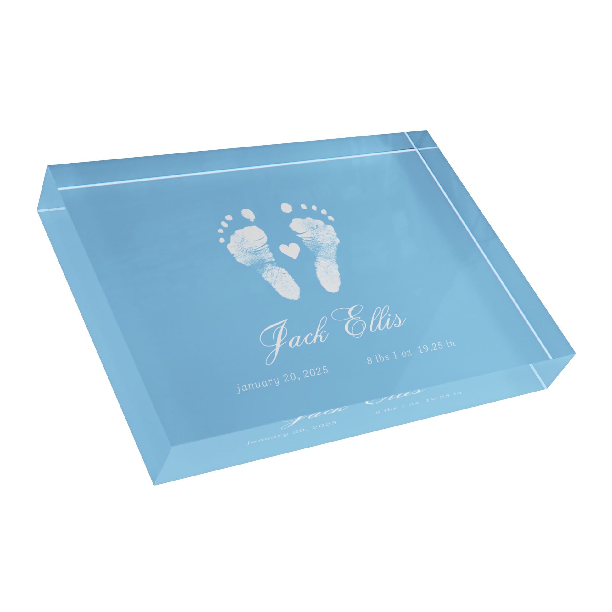 Blue acrylic block with white baby footprints and text_3