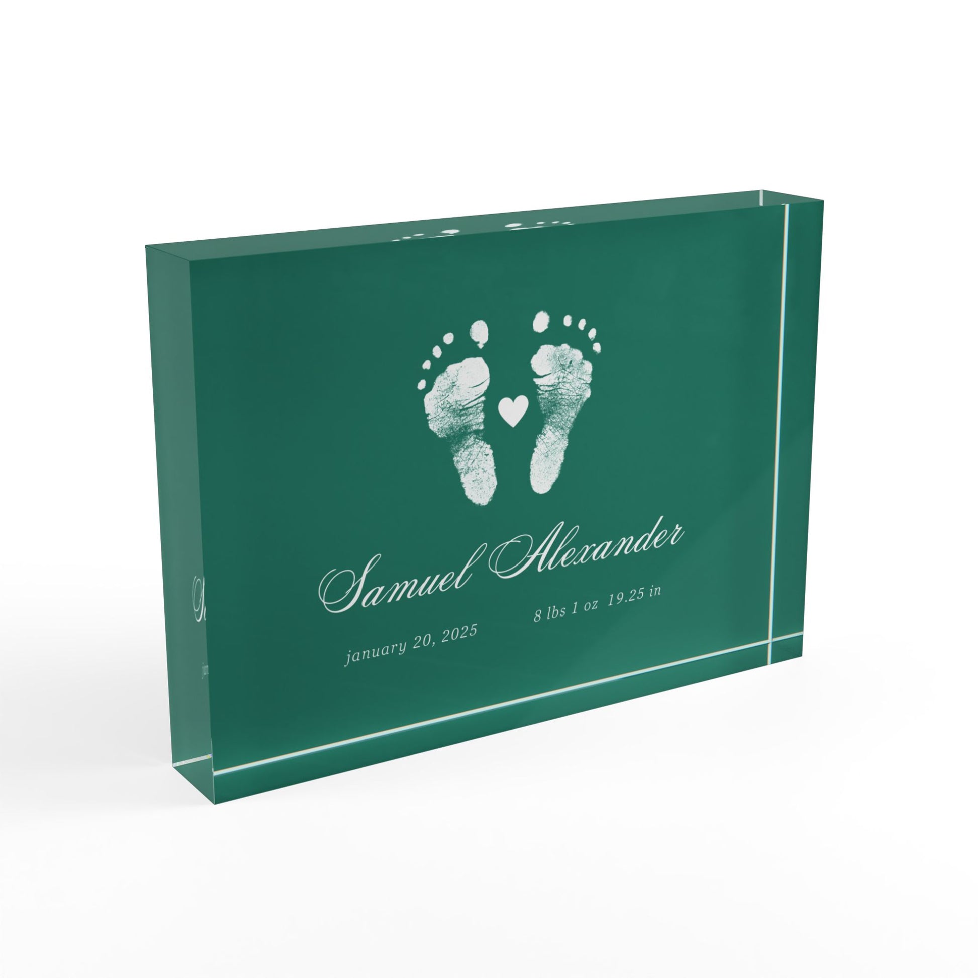 Dark green acrylic block with white baby footprints and text_2