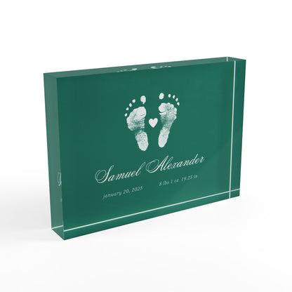 Dark green acrylic block with white baby footprints and text_2