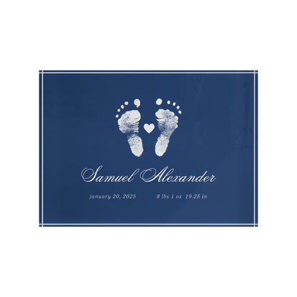 Navy Blue acrylic block with white baby footprints and text