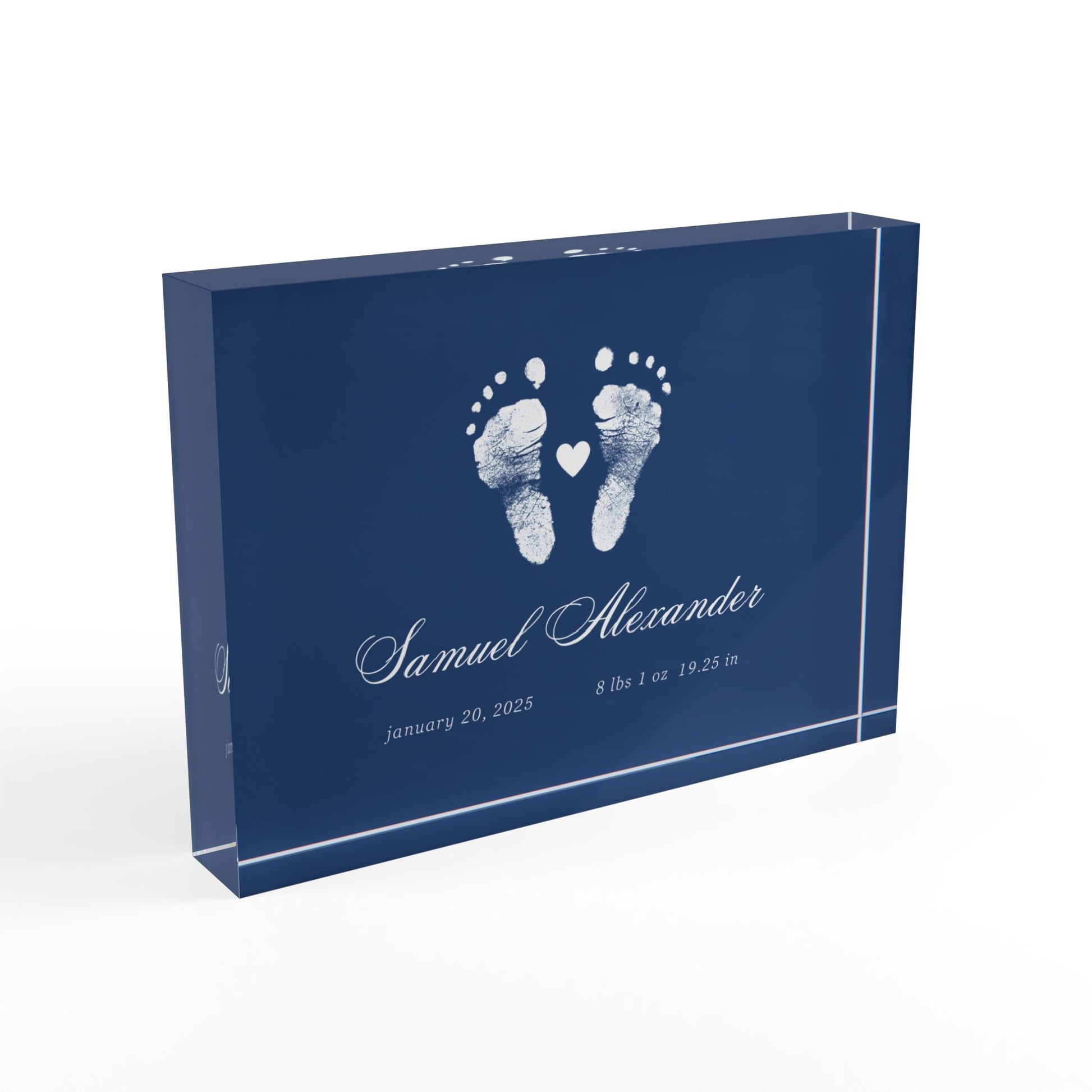 Navy Blue acrylic block with white baby footprints and text_2