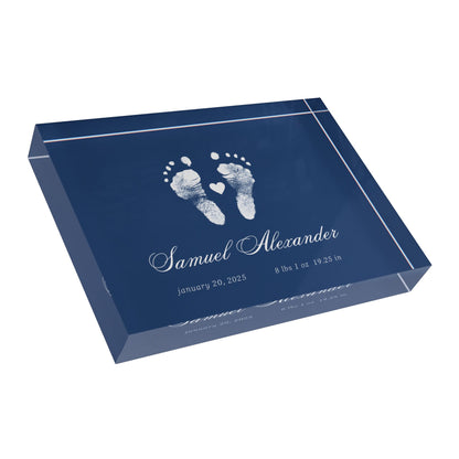 Navy Blue acrylic block with white baby footprints and text_3