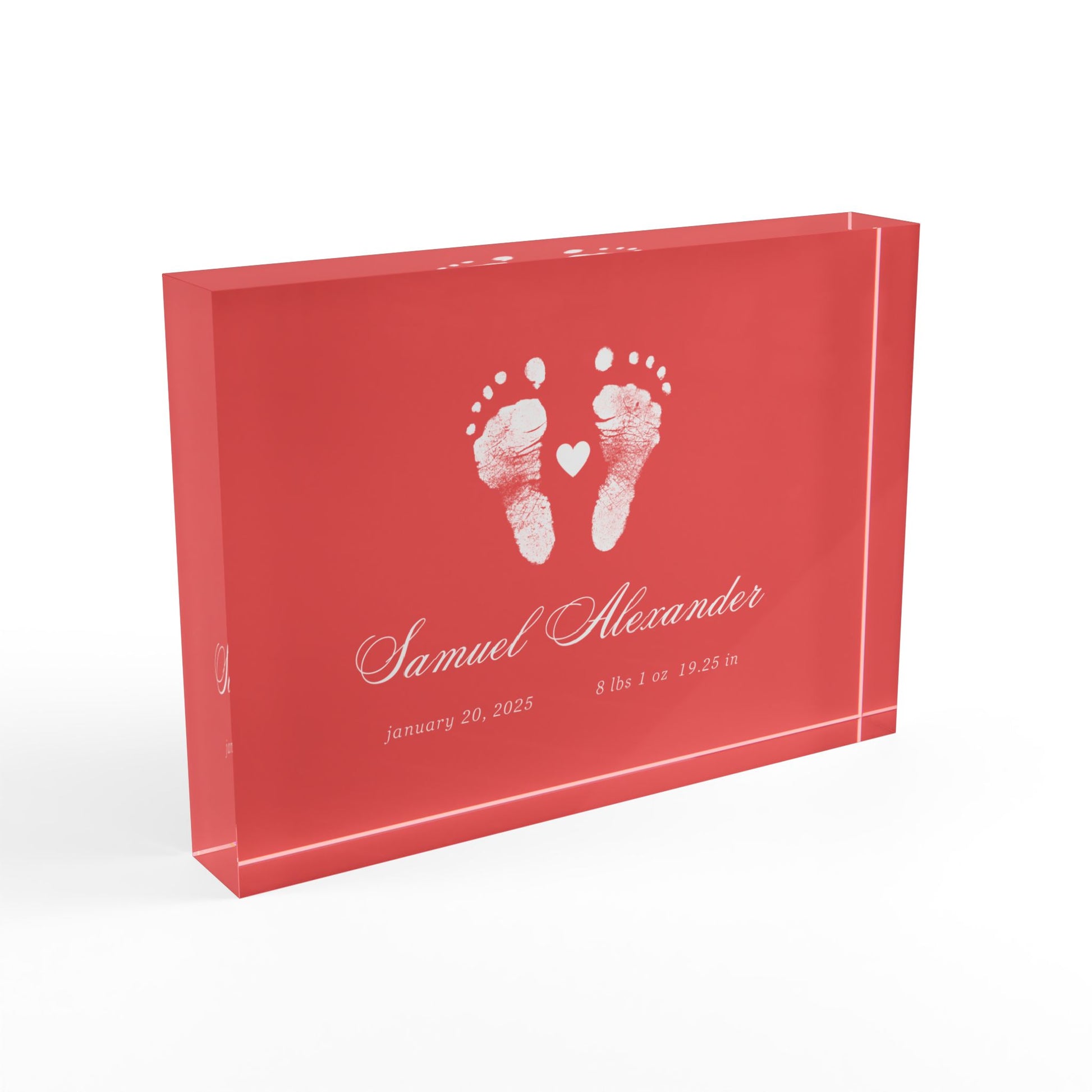 Red acrylic block with white baby footprints and text_2