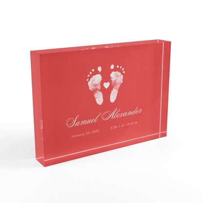 Red acrylic block with white baby footprints and text_2