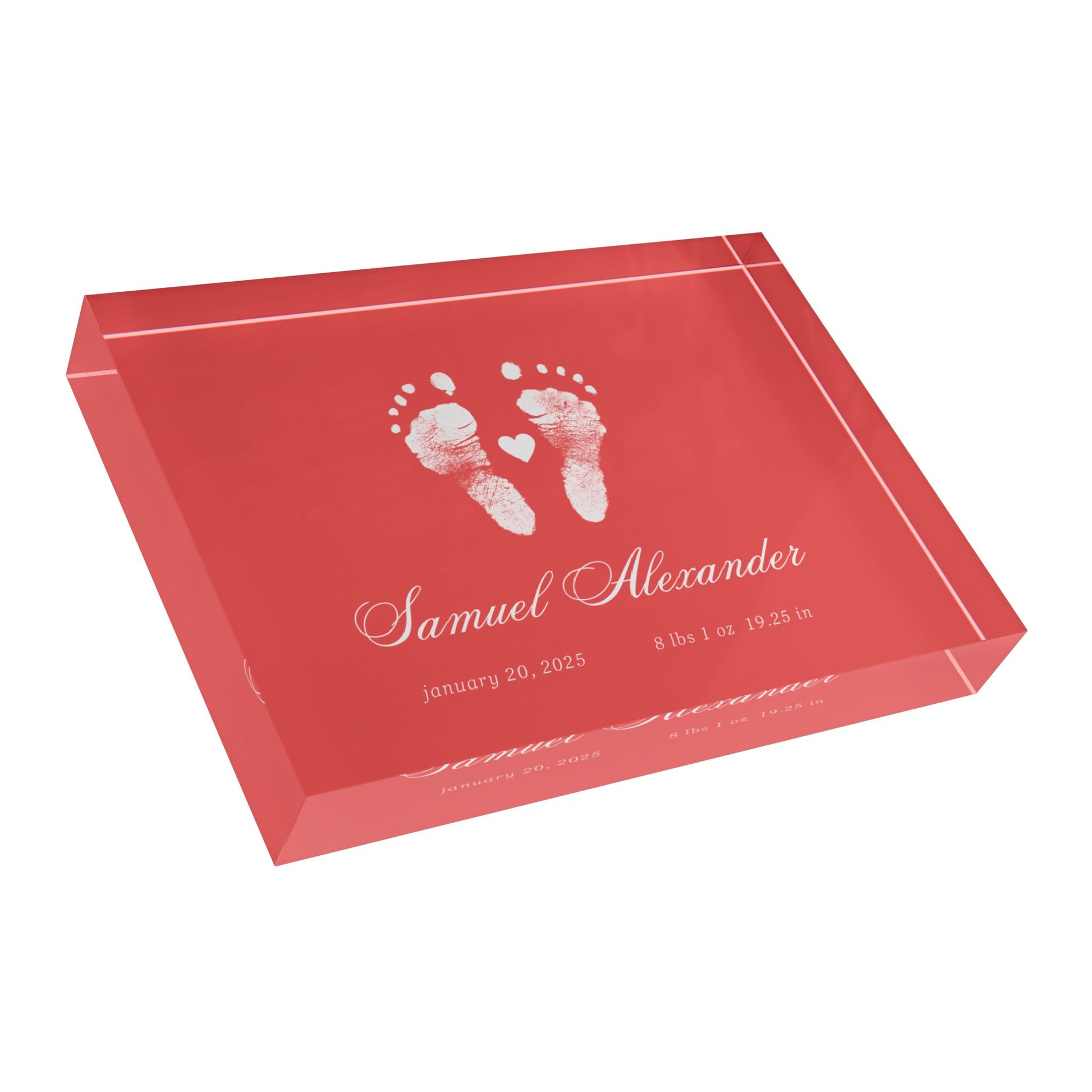 Red acrylic block with white baby footprints and text_3