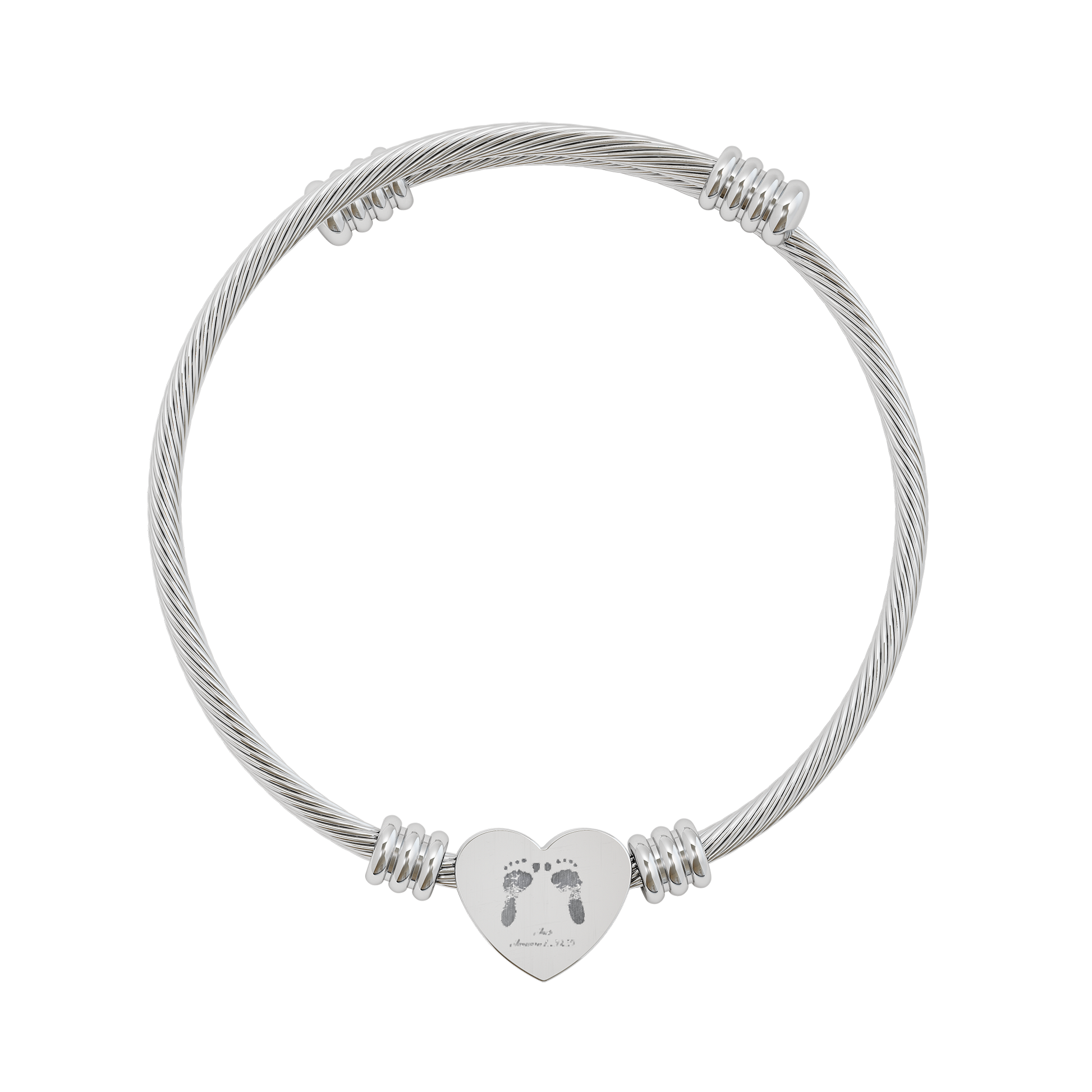 Silver cable bracelet with a heart-shaped charm featuring footprints on a white background