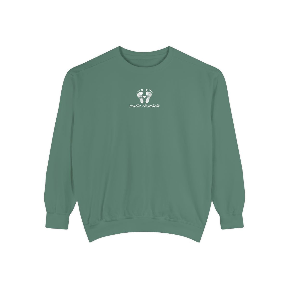 Light green sweatshirt with a baby footprint logo