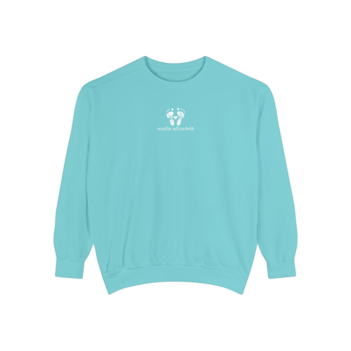 Chalky mint sweatshirt with a baby footprint logo