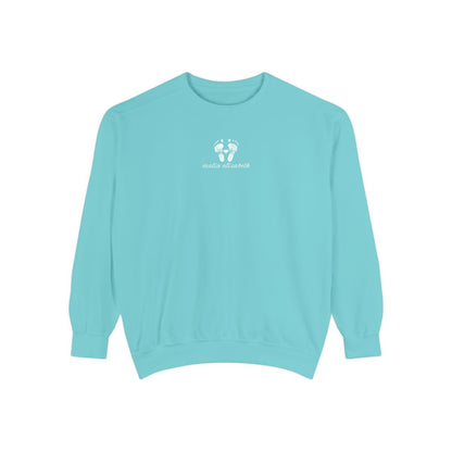 Chalky mint sweatshirt with a baby footprint logo