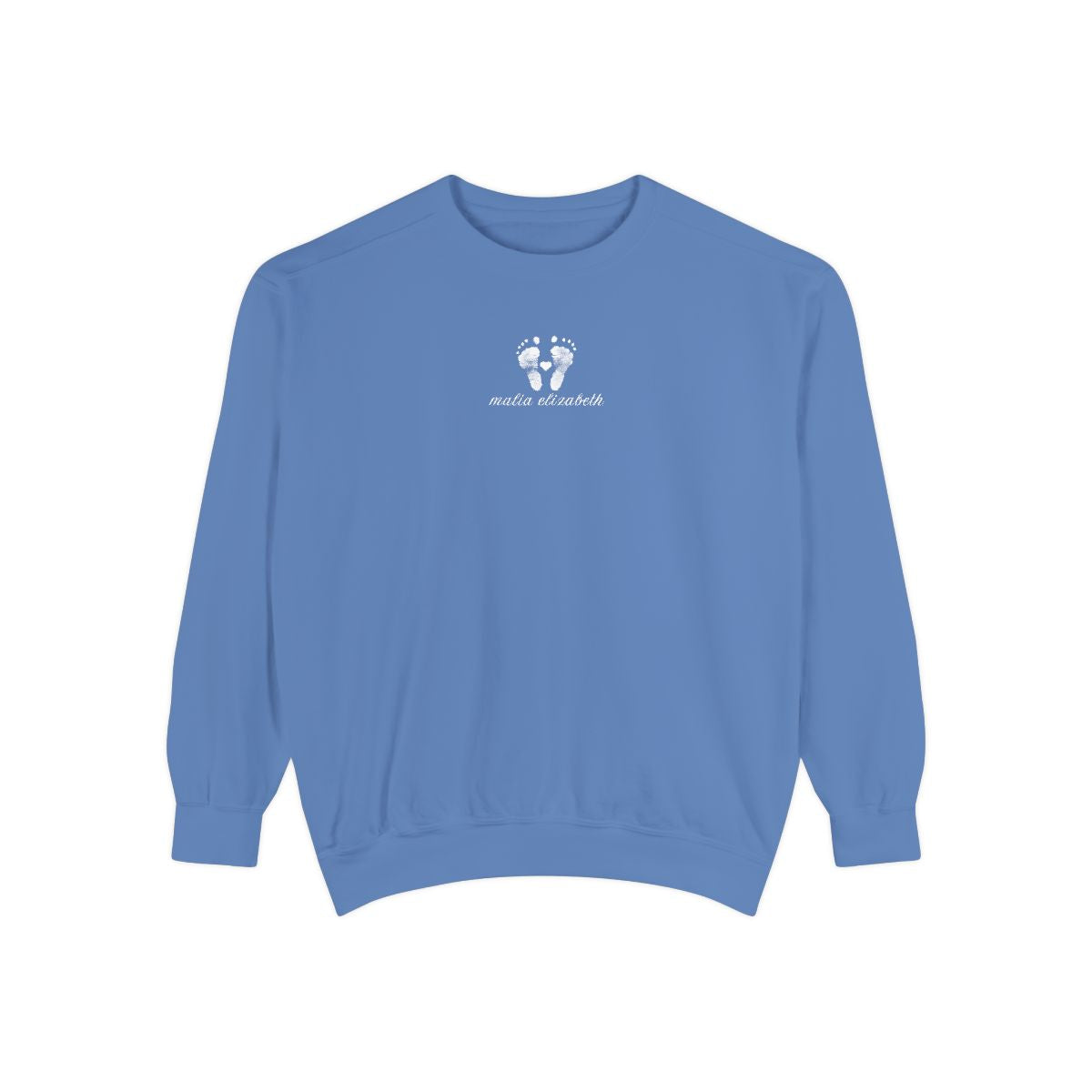 Flo Blue sweatshirt with a baby footprint logo