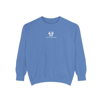 Flo Blue sweatshirt with a baby footprint logo
