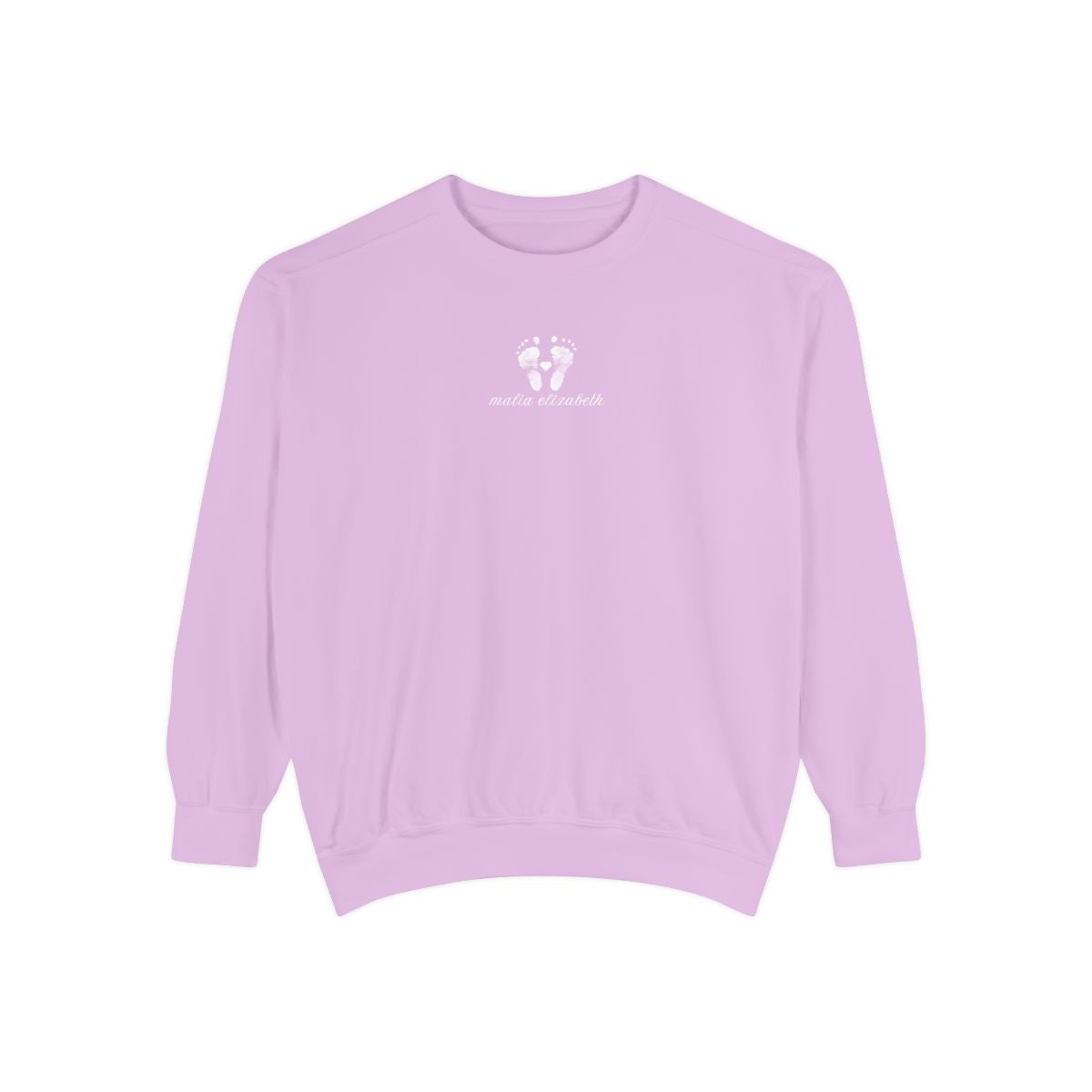 Orchid sweatshirt with a baby footprint logo