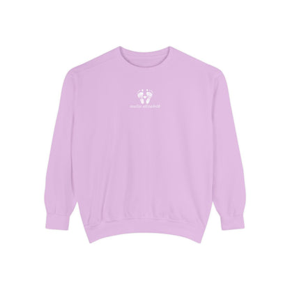 Orchid sweatshirt with a baby footprint logo