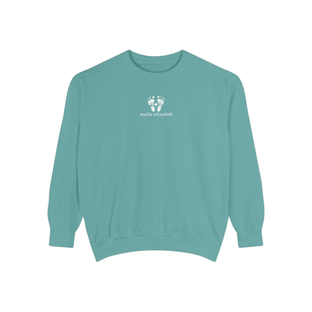 Seafoam sweatshirt with a baby footprint logo