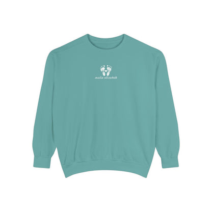 Seafoam sweatshirt with a baby footprint logo