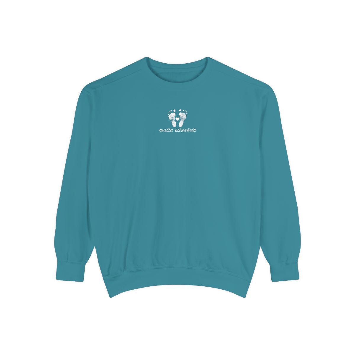 Topaz Blue sweatshirt with a baby footprint logo