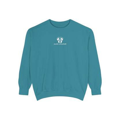 Topaz Blue sweatshirt with a baby footprint logo