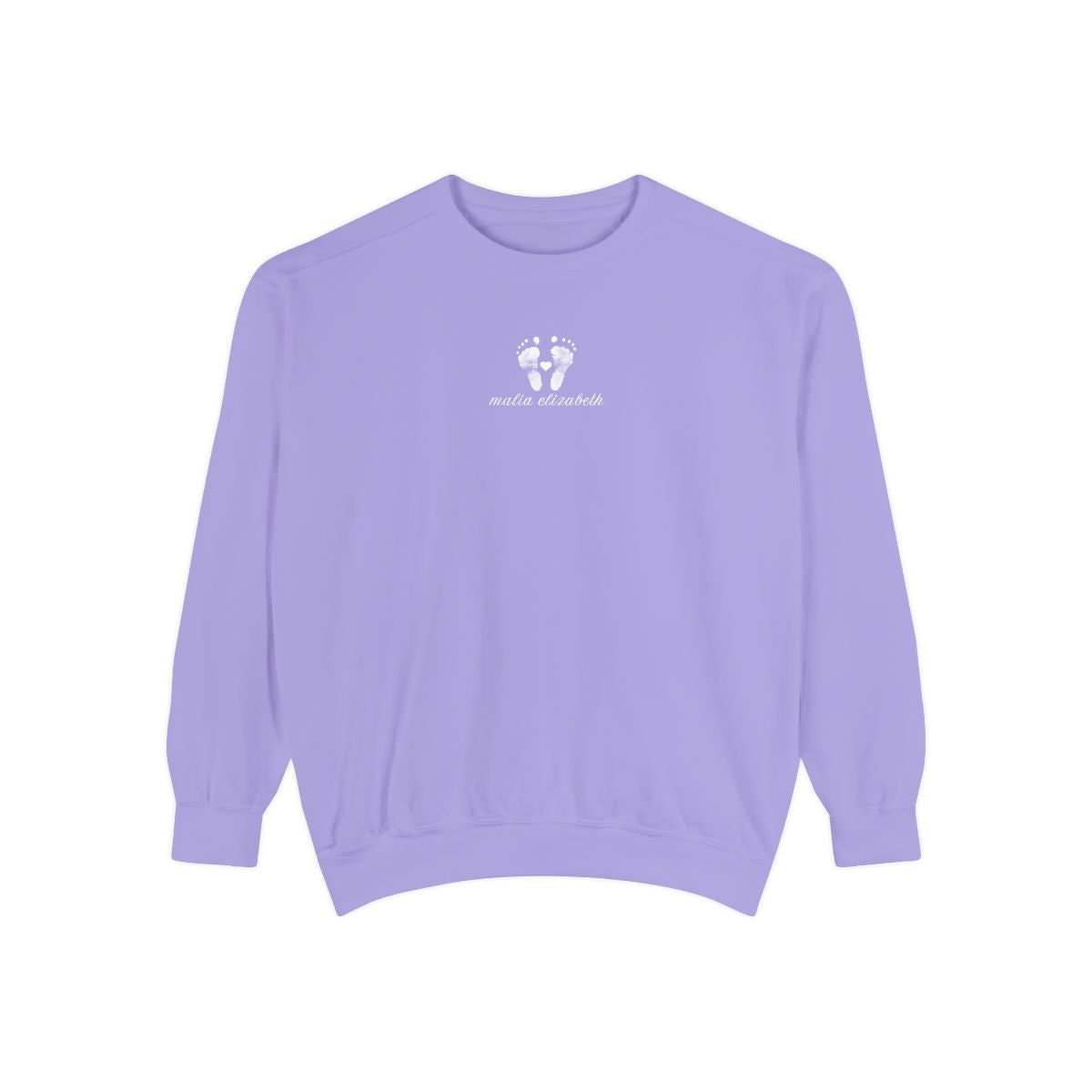 Violet sweatshirt with a baby footprint logo