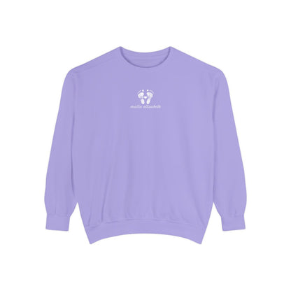 Violet sweatshirt with a baby footprint logo