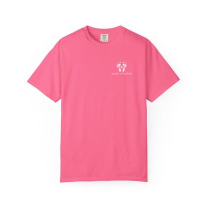 Crunchberry t-shirt with a small baby footprint logo