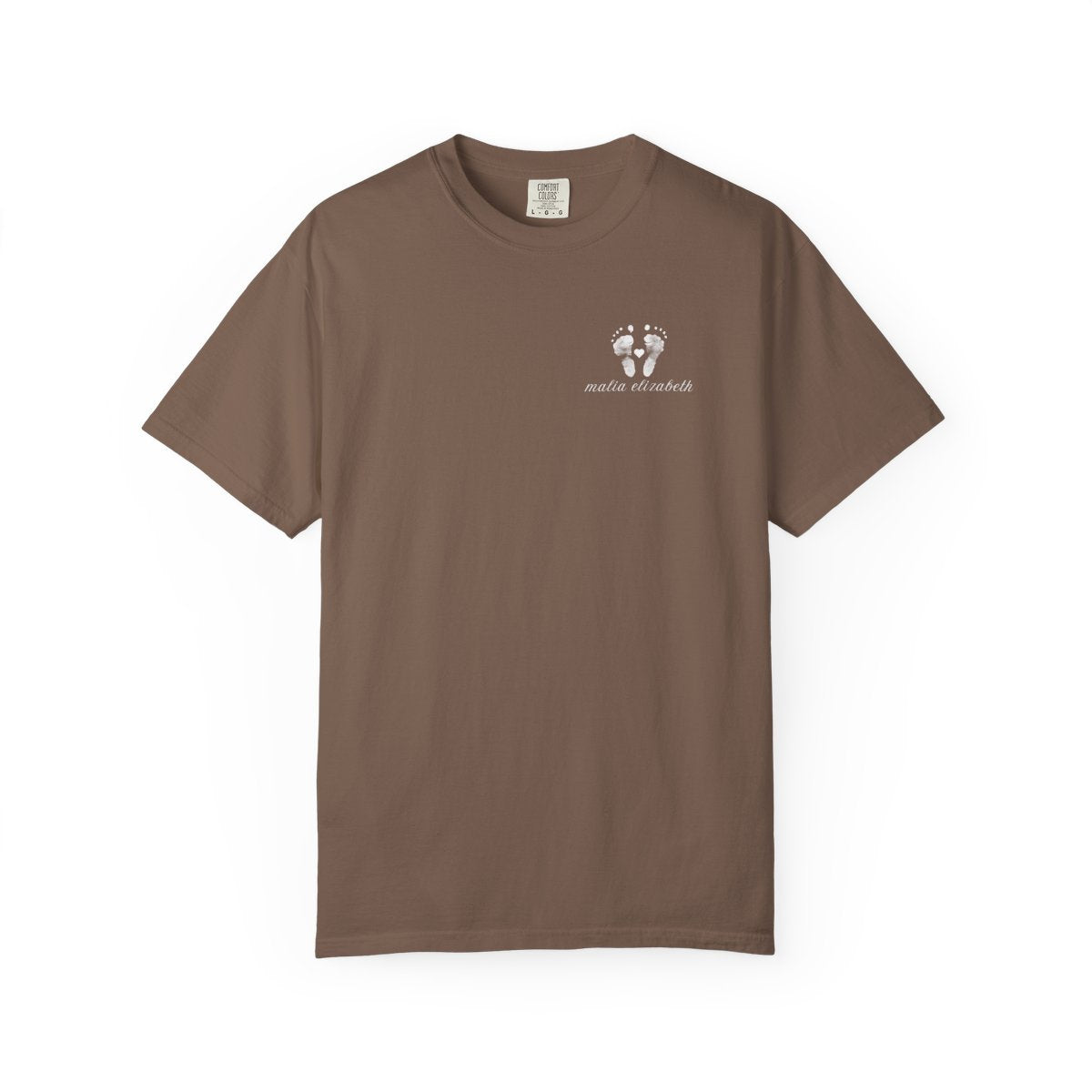 Espresso t-shirt with a small baby footprint logo
