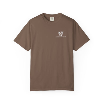 Espresso t-shirt with a small baby footprint logo