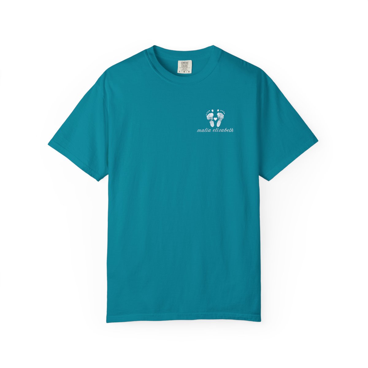 Topaz blue t-shirt with a small baby footprint logo